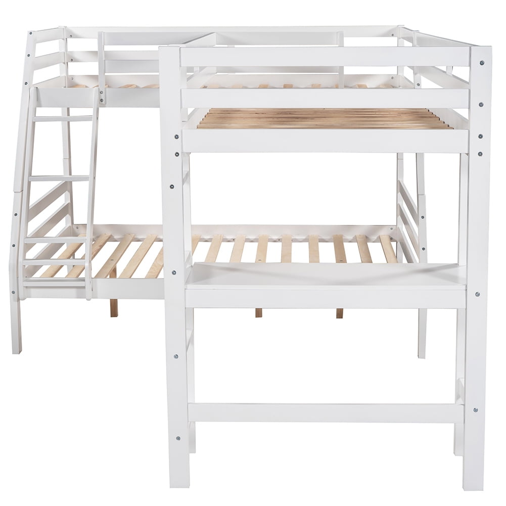 Kadyn Triple Bed Twin-Over-Twin-Over-Full Bed L Shaped Bunk Bed with Built-in Desk, White