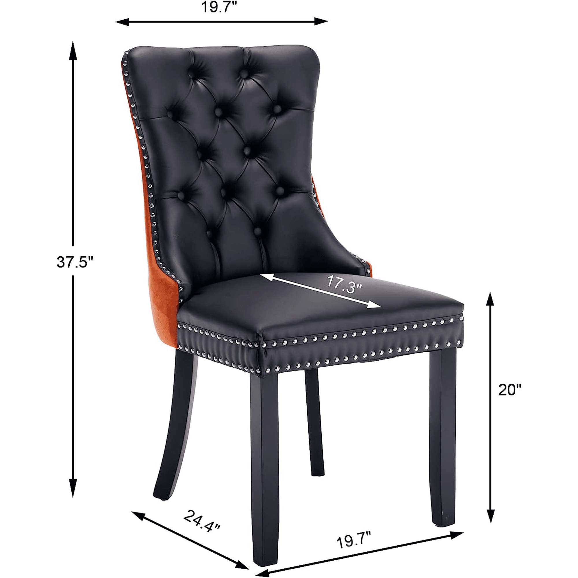 PORKISS Dining Chairs Set of 2, Modern Wood and PU Dining Chairs with Back Ring and Nailhead Trim, Upholstered Tufted Velvet Chair with Wood Legs for Dining Room, Kitchen, Black/Orange