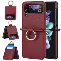 ELEHOLD for Samsung Galaxy Z Flip 4 Wallet Case,Anti-slip Cross Textured PU leather Card Holder Metal Ring Slim Shockproof Protective Cover for Women Men for Samsung Galaxy Z Flip 4,Winered
