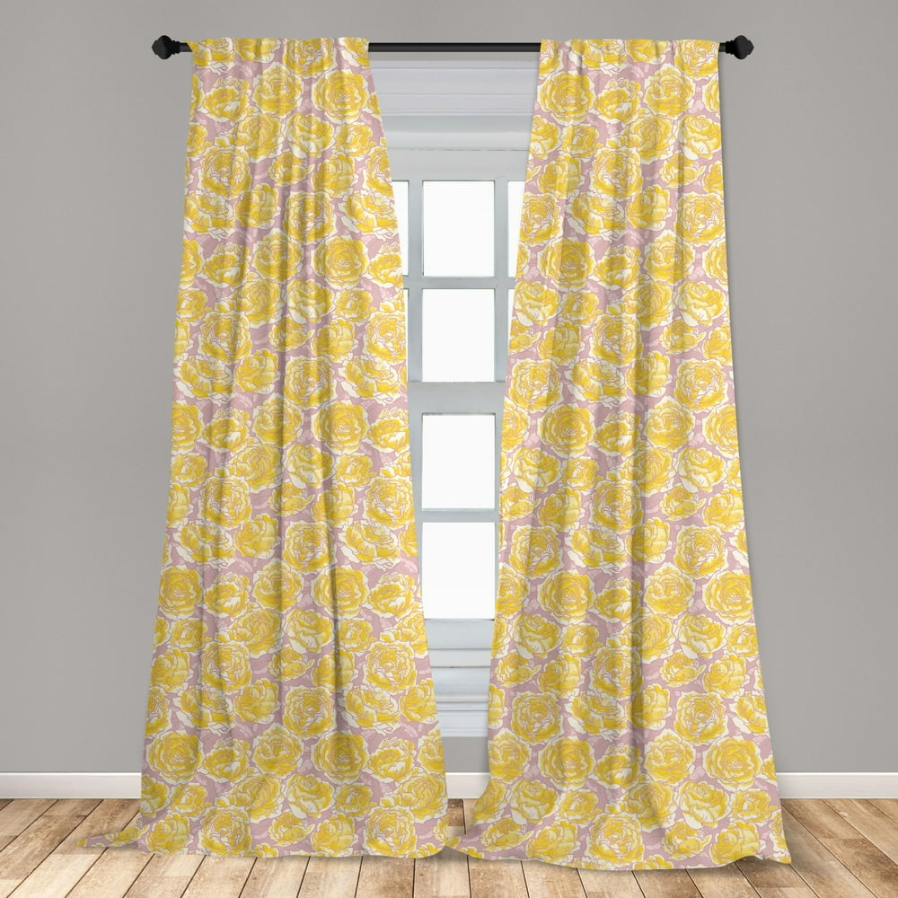 Flower Curtains 2 Panels Set, Hand Drawn Romantic Yellow Roses Blooming