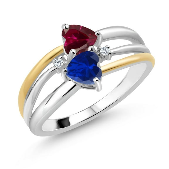 Gem Stone King 925 Silver and 10K Yellow Gold Red Created Ruby and Blue Created Sapphire and White Lab Grown Diamond Band Ring for Women (1.12 Cttw, Gemstone July Birthstone, Heart Shape 5MM, Size 6)