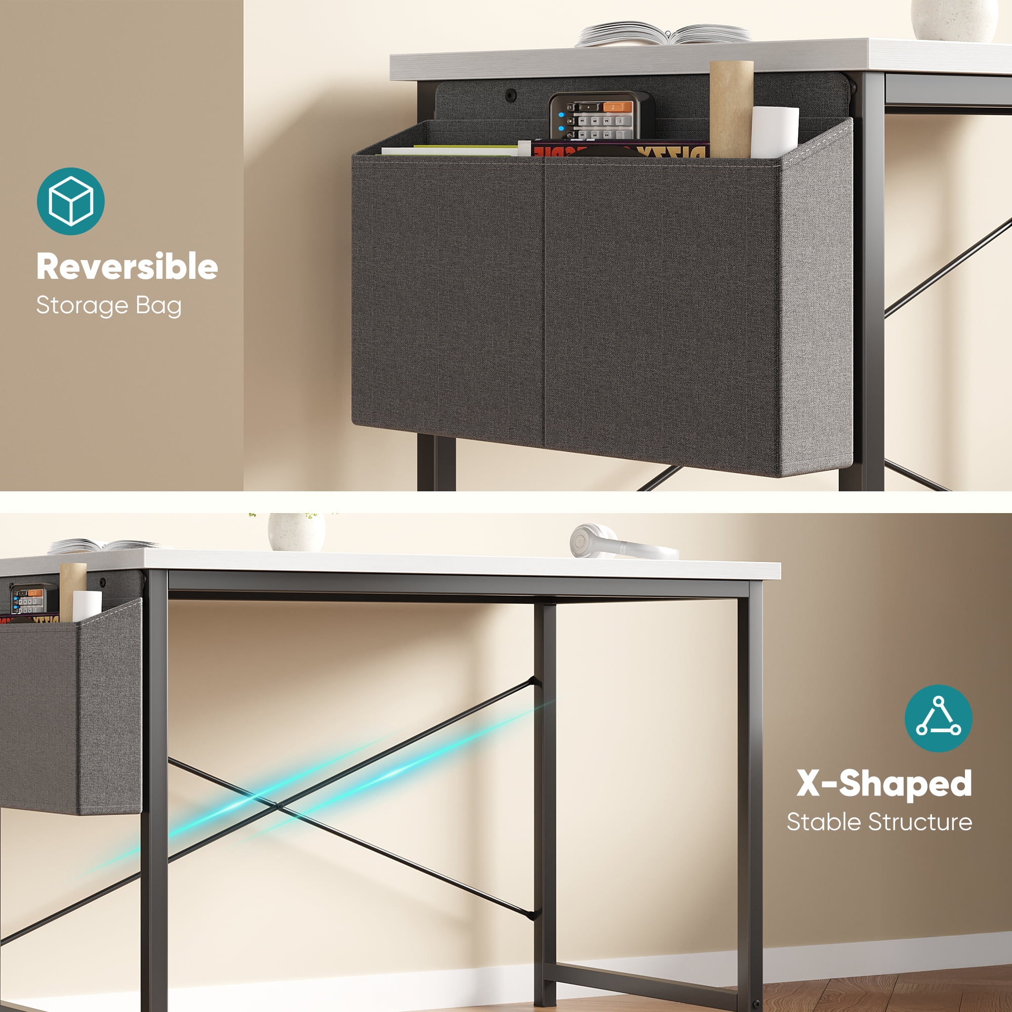 Gianna 55" Computer Desk with Metal Frame, Waterproof Surface and Storage Bag – Perfect for Office Use, White