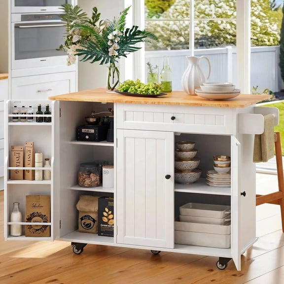 Kitchen Island with Wheels, 41.7" Rolling Kitchen Cabinet with Foldable Drop Leaf , Drawers & Shelving Door, Bar Cart for Dining Room, White