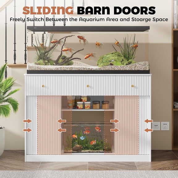 Stable 55-75 Gallon Aquarium Stand with Power Outlet, LED Light, Storage Cabinet & Drawers, Sliding Barn Door, Supports Dual Tanks