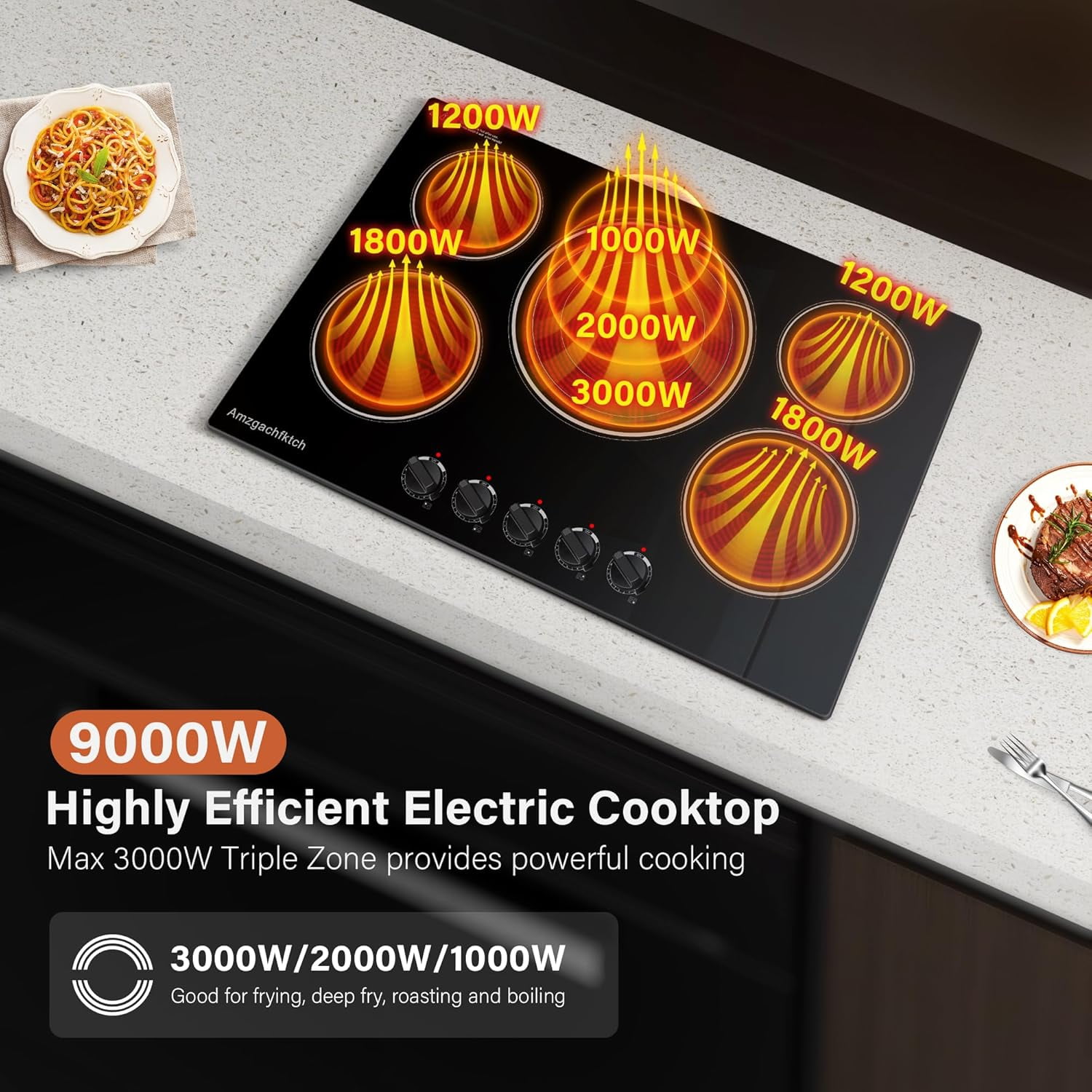 2 4 5 Burner Electric Cooktop 220V~240V, 12 24 30 Inch Built-in 3000W Ceramic Stove Top with Child Safety Lock, Timer & Residual Heat Indicator, Hard Wire(No Plug) for Modern Kitchens