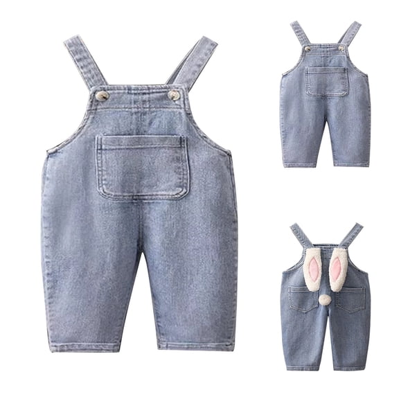 UACY Baby Girls Easter Bunny Jumpsuit Toddler Cute Denim Overalls with Ears Pompom Baggy Wide Leg Washed Jean Suspender