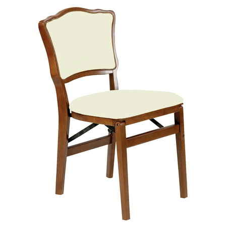 French upholstered back folding chair - Crème vinyl upholstery and