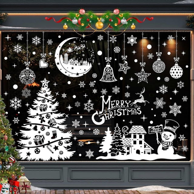 202 Pcs Autocollants de Fenêtre de Noël, 9 Feuilles Autocollants de Fenêtre de Noël, Décorations de Fenêtre de Noël en PVC Électrostatique, Autocollant de Fenêtre Réutilisable