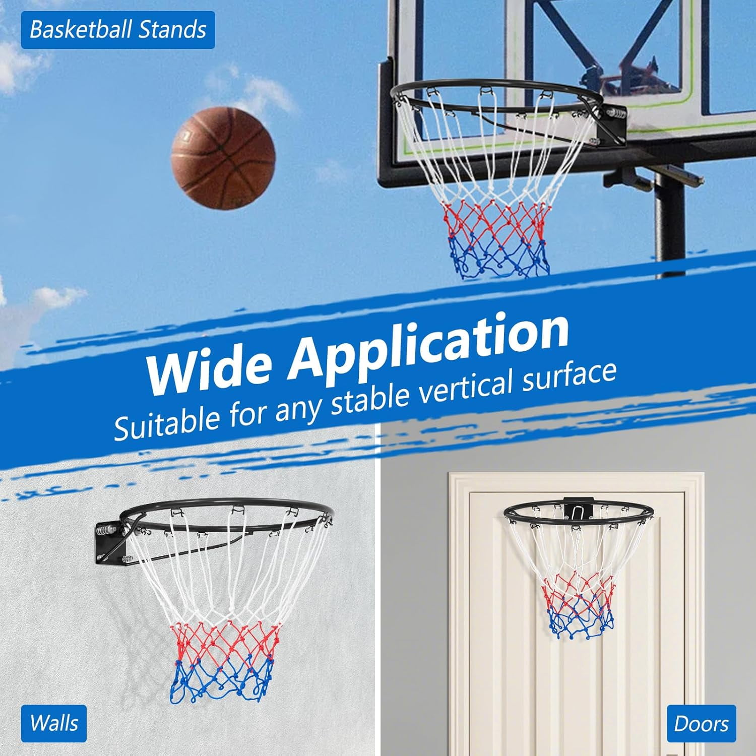 15"/18" Basketball Rim, Wall Door Mounted Basketball Hoop Replacement with All Weather Net, Basketball Rim Goal for Indoor Outdoor Driveway Garage Backyard