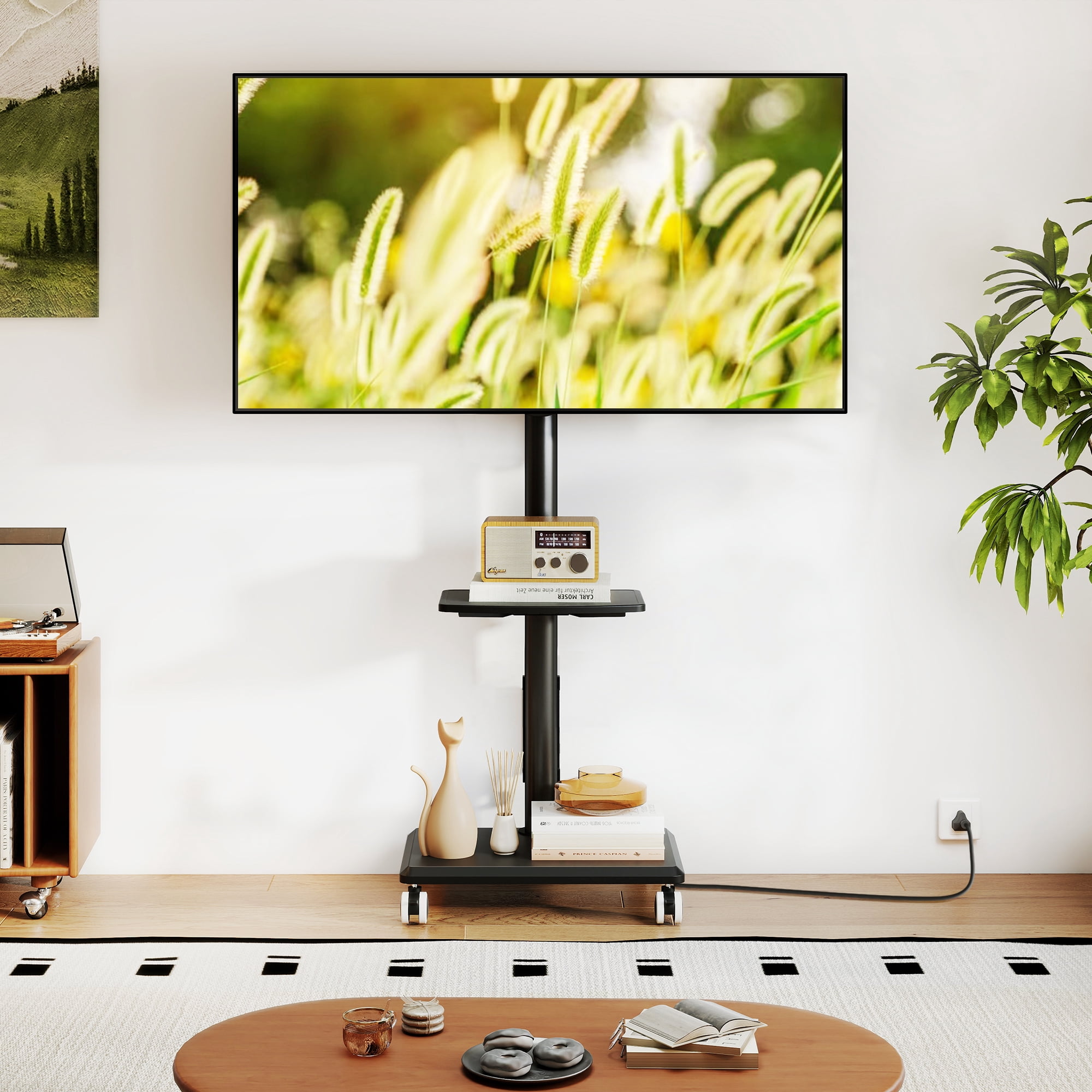 RTVR Sleek Rolling TV Stand with Power Outlet, Strong Tall Mobile TV Cart with Mount Up to 88 lbs, Height Adjustable Portable TV Stand on Wheels for 32-60 Inch TVs, Black