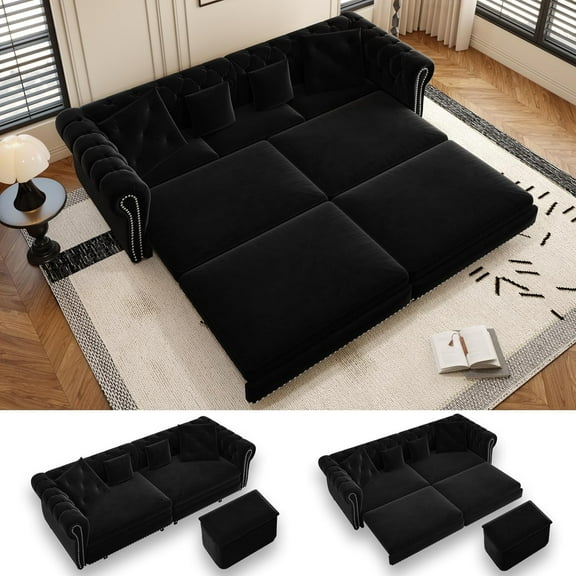 89" King Pull Out Sofa Bed, Velvet Chesterfield Sleeper Sofa Couch, 3 in 1 Convertible Tufted Futon Couches with Ottoman for Living Room, Small Space, Apartment, Office, Bedroom, Black