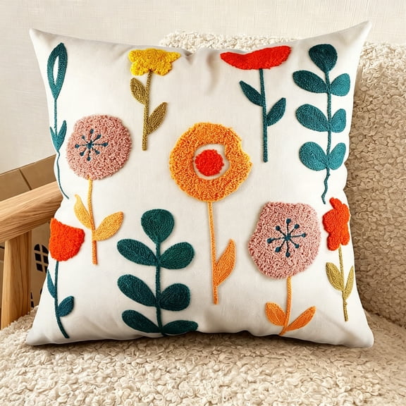 AUQ Embroidered Throw Pillow Cover - 18X18 Decorative Pillow Cover with Zipper Aesthetic Cute Design Boho Spring Summer Cozy Throw Pillowcase for Living Room Couch Sofa Bed,Plants