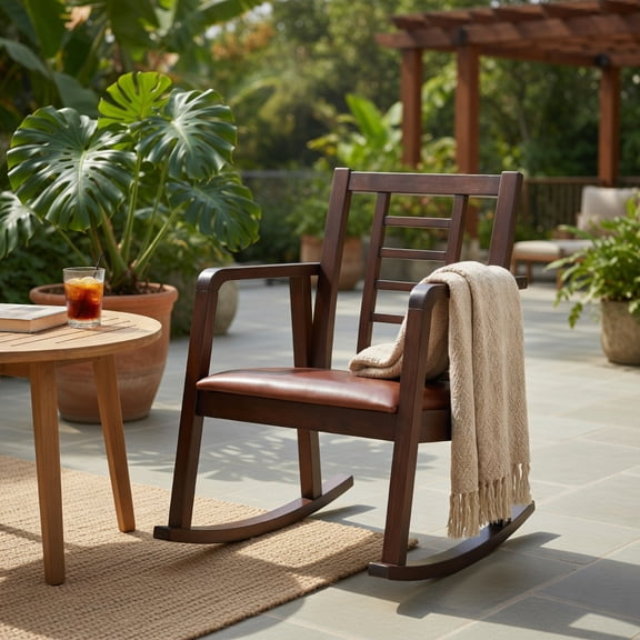 Spaco Single Indoor Wooden Rocking Chair, Living Room Lounger with Upholstered Seat & Ladder Style Backrest, Brown