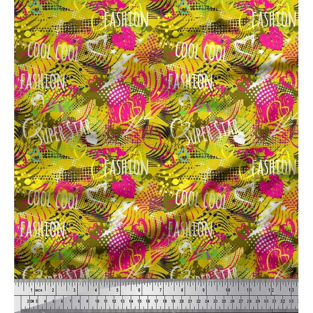 Soimoi Yellow Modal Satin Fabric Heart,Star & Fashion Text Print Sewing Fabric Yard 42 Inch Wide