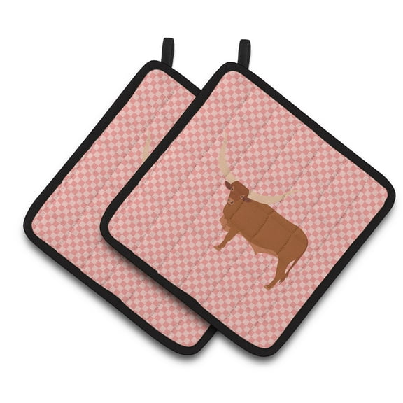 Caroline's Treasures Ankole-Watusu Cow Pink Check Pair of Pot Holders