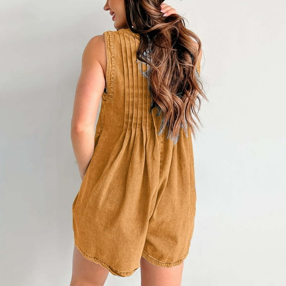 Women's Denim Romper Sleeveless Tie Front Casual Summer Jumpsuit with Pocket Stylish Comfortable Overall Shorts