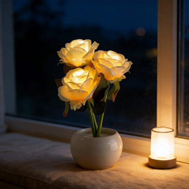 Flower Pot Mini Night Light 9.45" USB Powered Atmosphere Desk Lamp Realistic Sim Flower High Quality Ceramic For Bedroom Bedside Living Room Desktop Home Decor Birthday Wedding Holiday Gifts