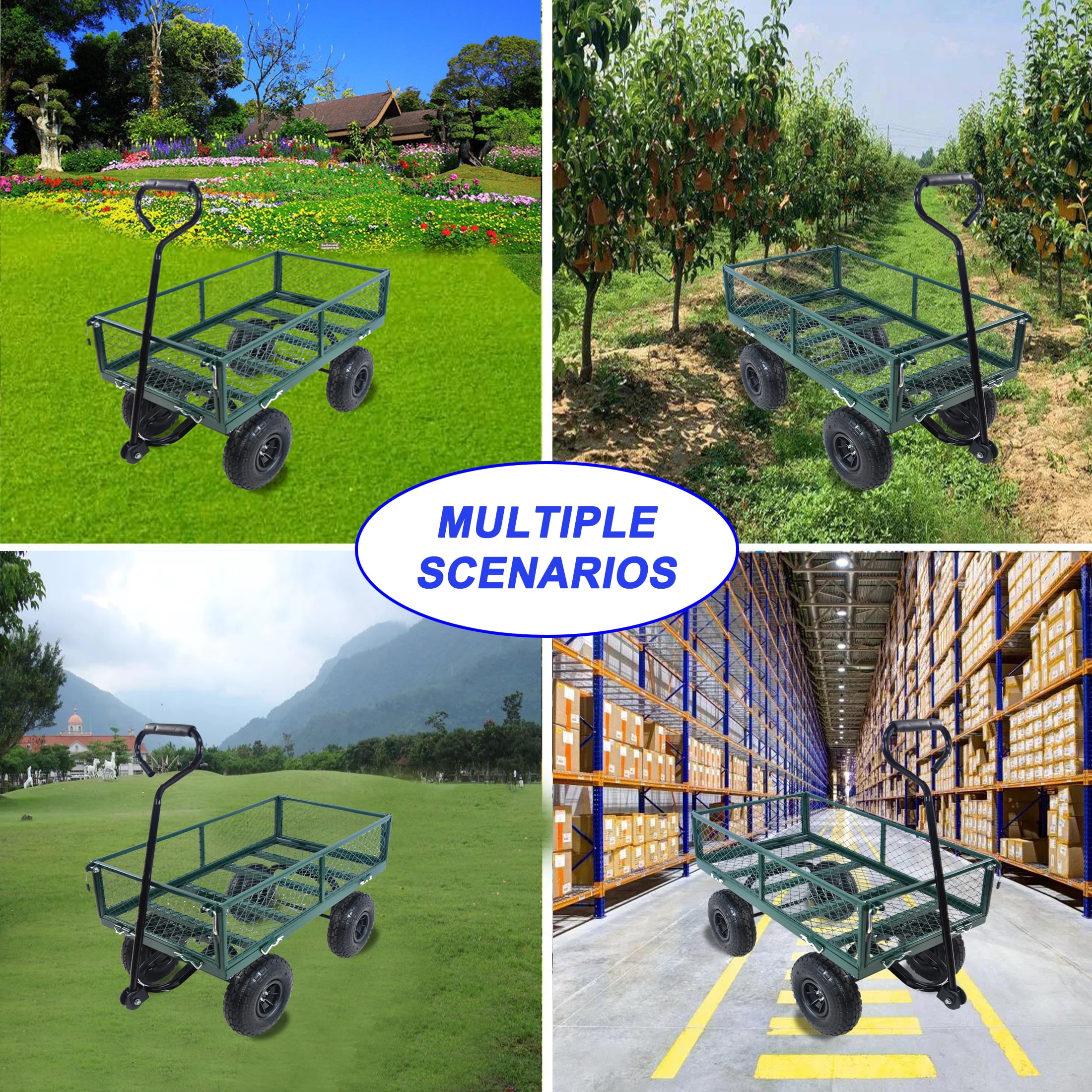 Garden Wagon Cart, 550lbs Heavy-Duty Utility Cart with 10" Pneumatic Tires, Removable Sides & 180° Steering Handle, Foldable Firewood Cart for Yard, Green