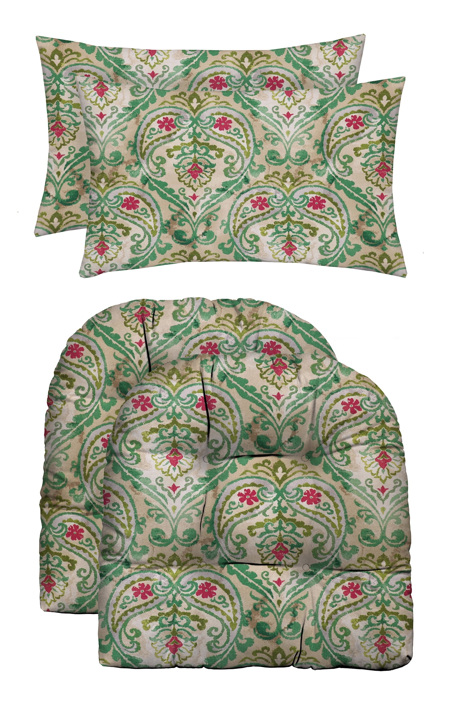wicker loveseat and chair cushion sets on Rsh Decor Indoor Outdoor Green Set Of 2 U Shape Cushions And 2 Lumbar Pillows Weather Resistant Summer Medallion Leaf Green Scroll Walmart Com Walmart Com