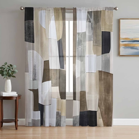 Abstract Gray Brown Sheer Curtains 84 Inch Length 2 Panels Set, Oil Painting Simple Art Voile Window Treatment Rod Pocket Curtains Sheers Drapes for Bedroom/Living Room/Kitchen 52"x84"x2