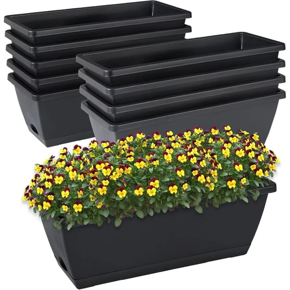 CHUKEMAOYI Window Box Planter, 10 Pack Plastic Vegetable Flower Planters Boxes 17 Inches Rectangular Flower Pots with Saucers for Indoor Outdoor Garden, Patio, Home Decor (Black)