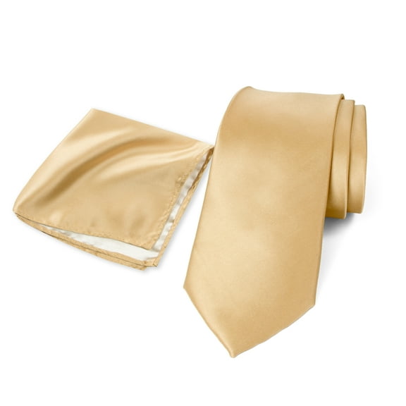 Spring Notion Men's Satin Microfiber Solid Color Skinny Tie and Handkerchief Set, Antique Gold
