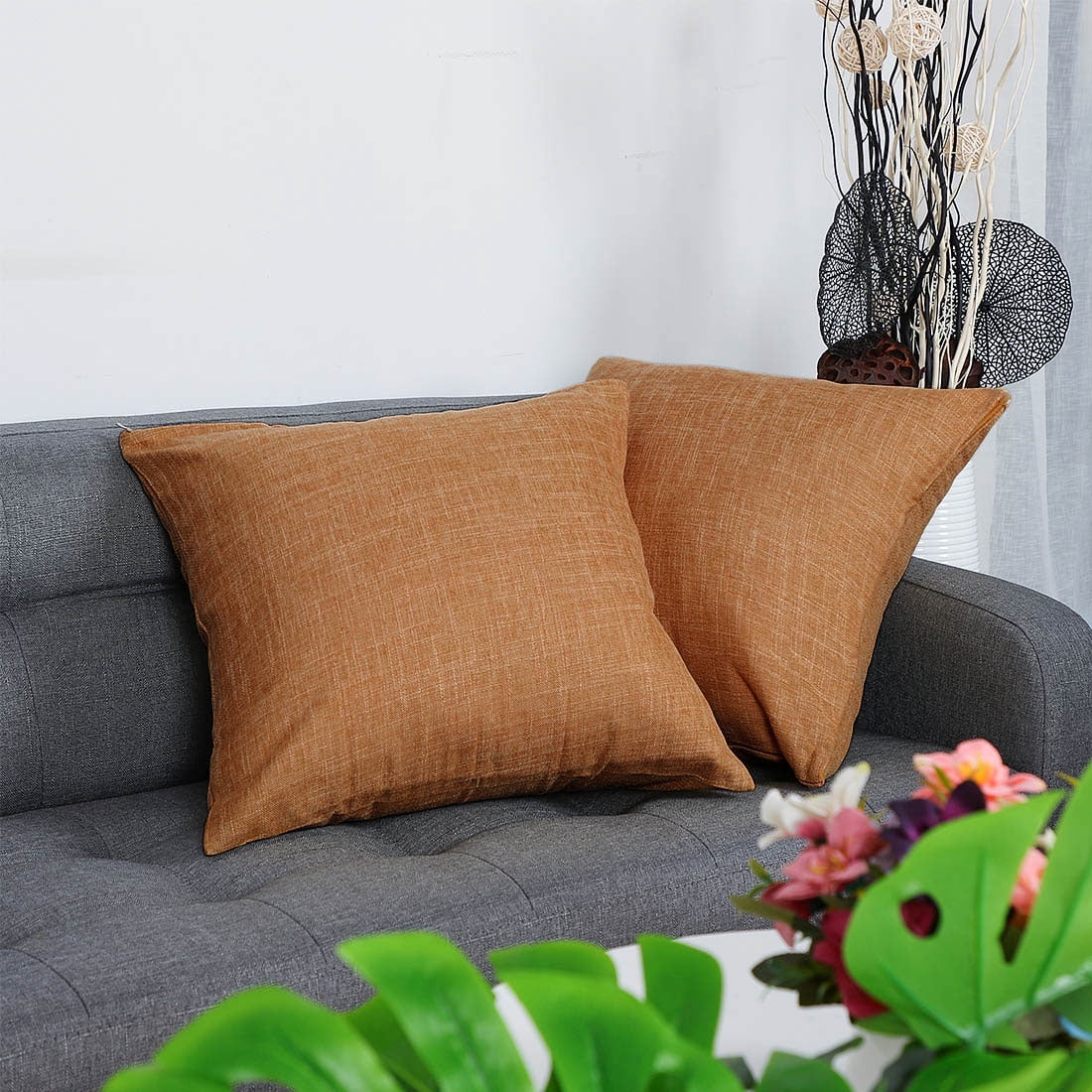 Unique Bargains 2 Pack Cotton Linen Throw Pillow Covers 18" x 18" Orange