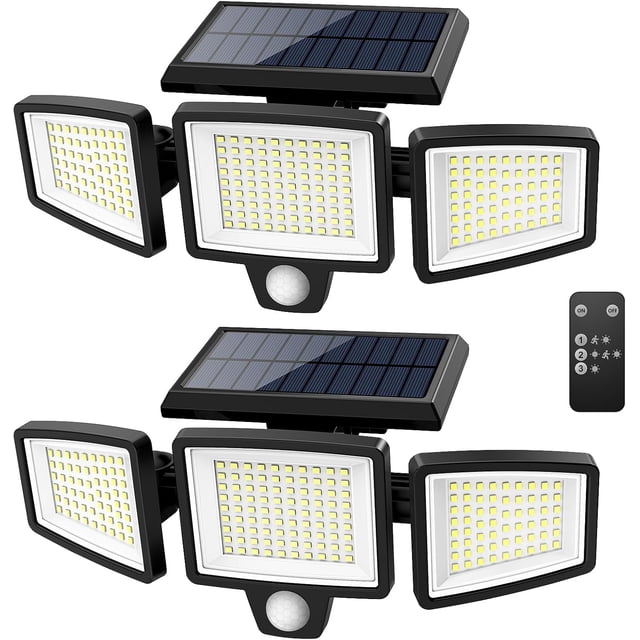 Solar Motion Sensor Outdoor Lights LM Bright LED Security Flood Light Adjustable Head Night Lighting Solar Powe IP with Remote for Outside Garage Yard