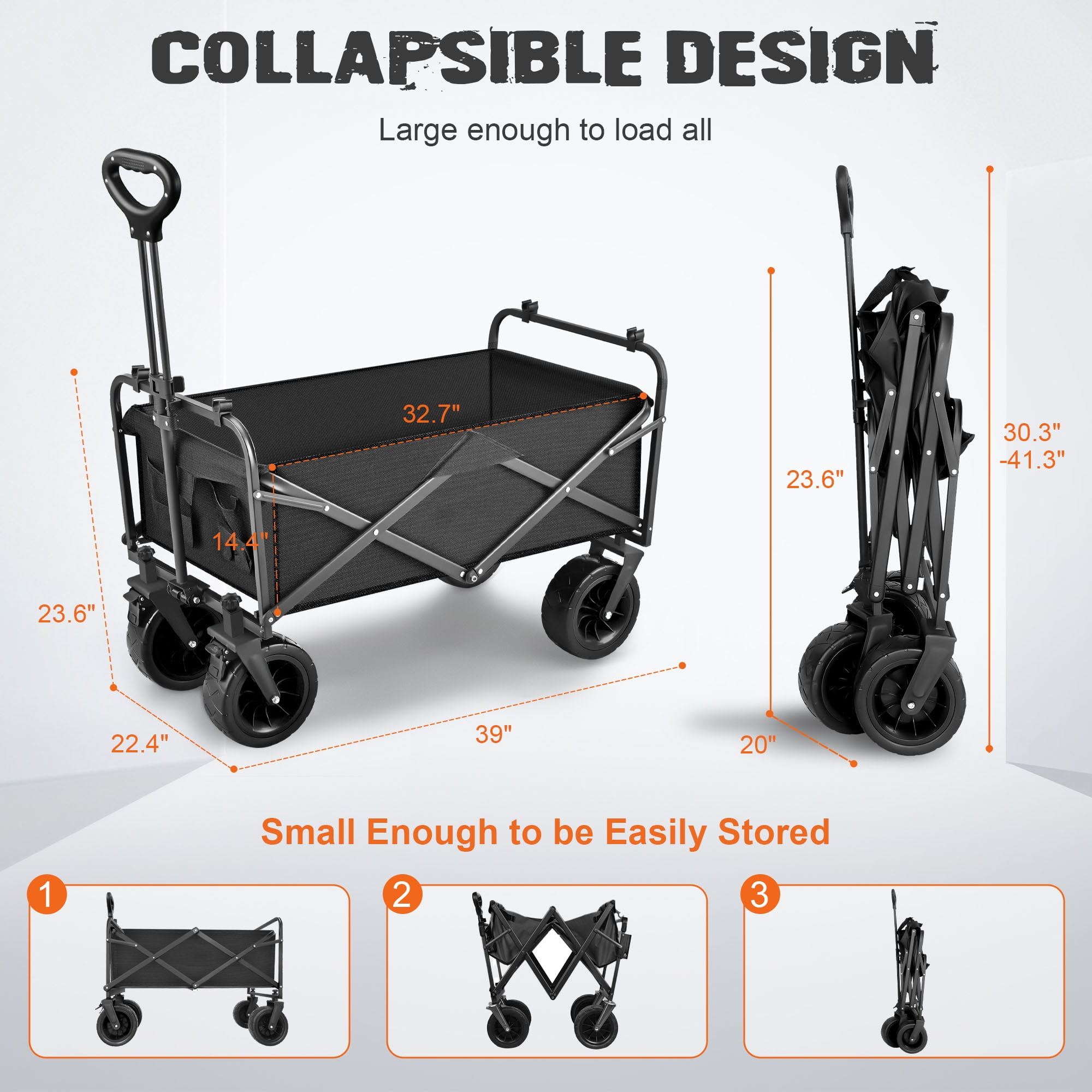 Qunler 560lbs Collapsible Folding Wagon, Big Bucket Beach Cart,  Heavy Duty Large Capacity Garden Wagon with Multi-Terrain Brake Wheels for Outdoor Camping, Shopping, Sports, Grocery, Kids, Black