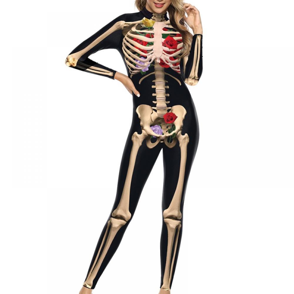 Women Halloween Cosplay Costume Funny Skeleton Bodysuit Long Sleeve