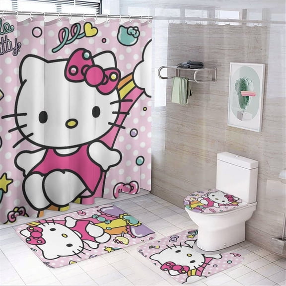 4 Piece Shower Curtain Set with Rugs Hello Kitty Shower Curtain Bathroom Sets Decor Waterproof