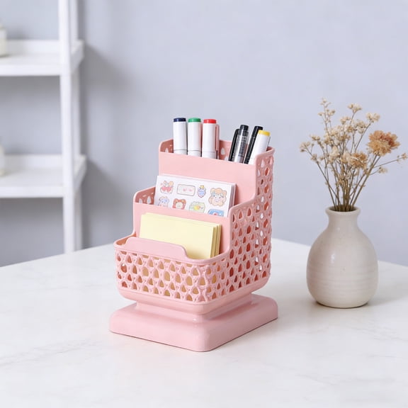 Anhility Acrylic Desk Organizer with 3 Compartments, Pen & Pencil Holder, Pink Multifunctional Desktop Caddy for Office Supply and Organization, 6.3x4.72x4.72in