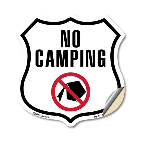 No Camping 12 inch X 12 inch Shield Shaped Heavy Duty 3.2 mil Vinyl Decal Weather Resistant Made in the USA