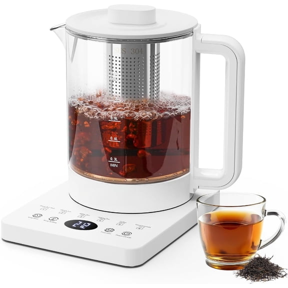 Electric Tea Kettle with Infuser, 1.5L Glass Water Boiler with Temperature Control, 24H Keep Warm & Auto Shut-Off, White