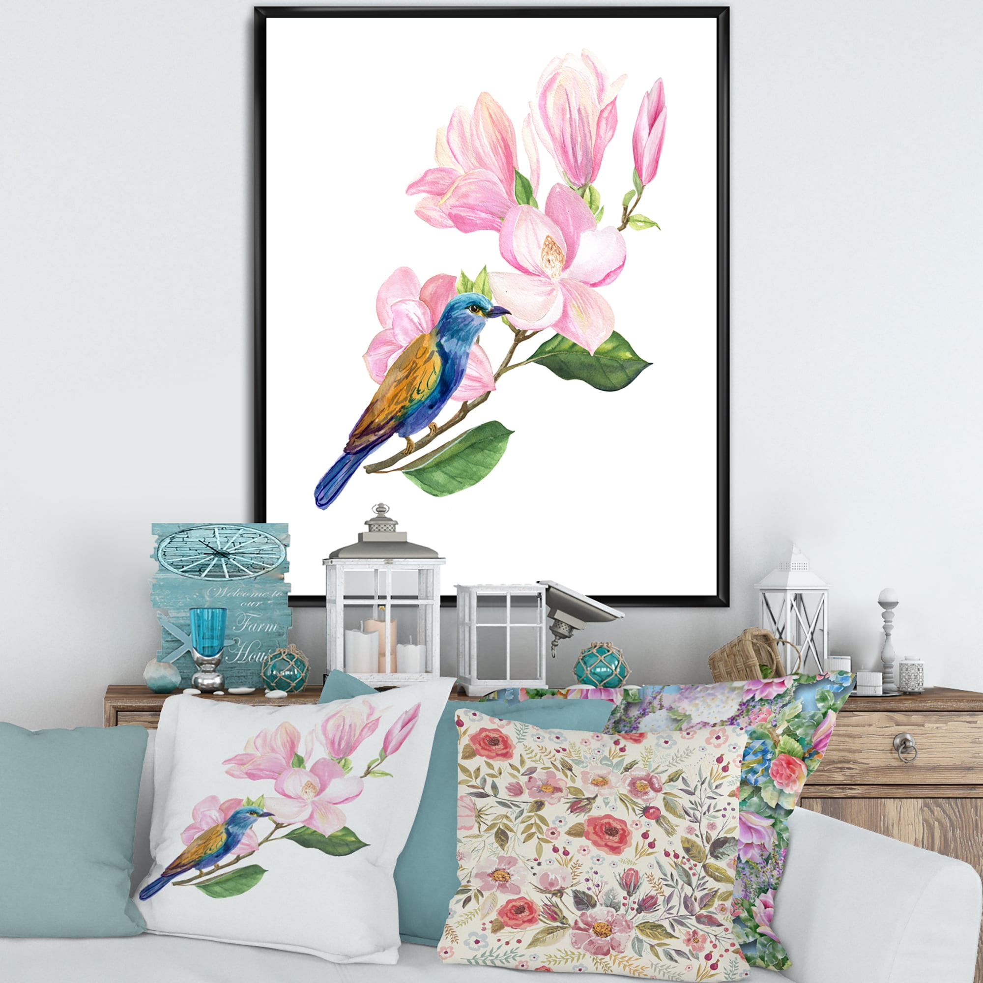 Blue Bird Sitting On A Pink Magnolia 24 in x 32 in Framed Painting Canvas Art Print, by Designart