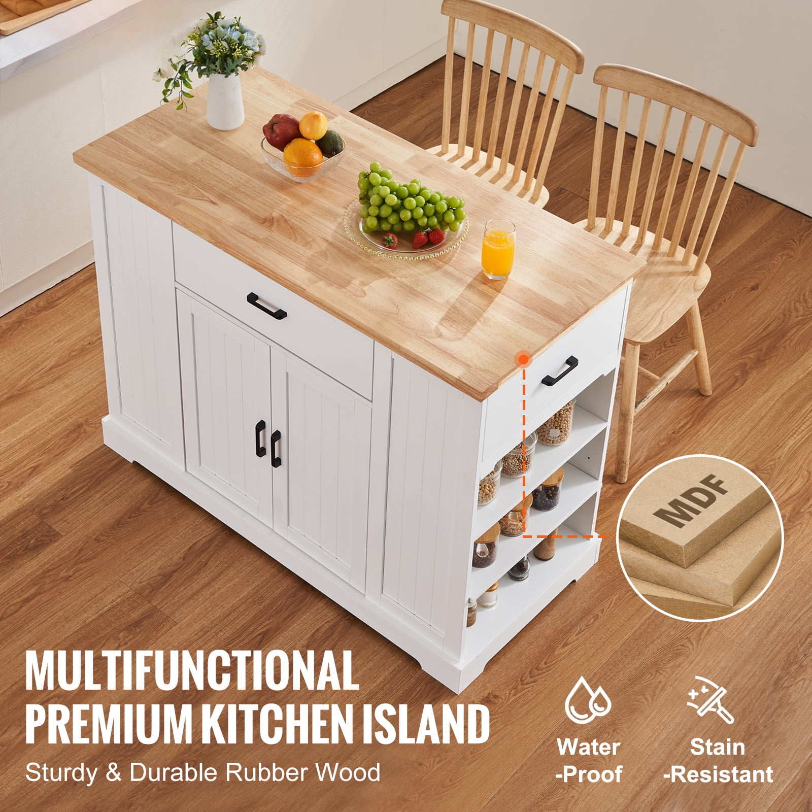 KFFKFF 46" Kitchen Island Cart with Storage, Wooden Countertop Utility Cart with Adjustable Shelving, Drawer, Ideal for Dining Area, Living Space, White