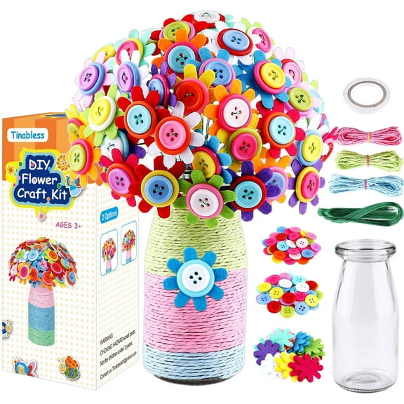 Amerteer Make Your Own Button Felt Flowers Vase Project Craft Kit (122 Pieces)