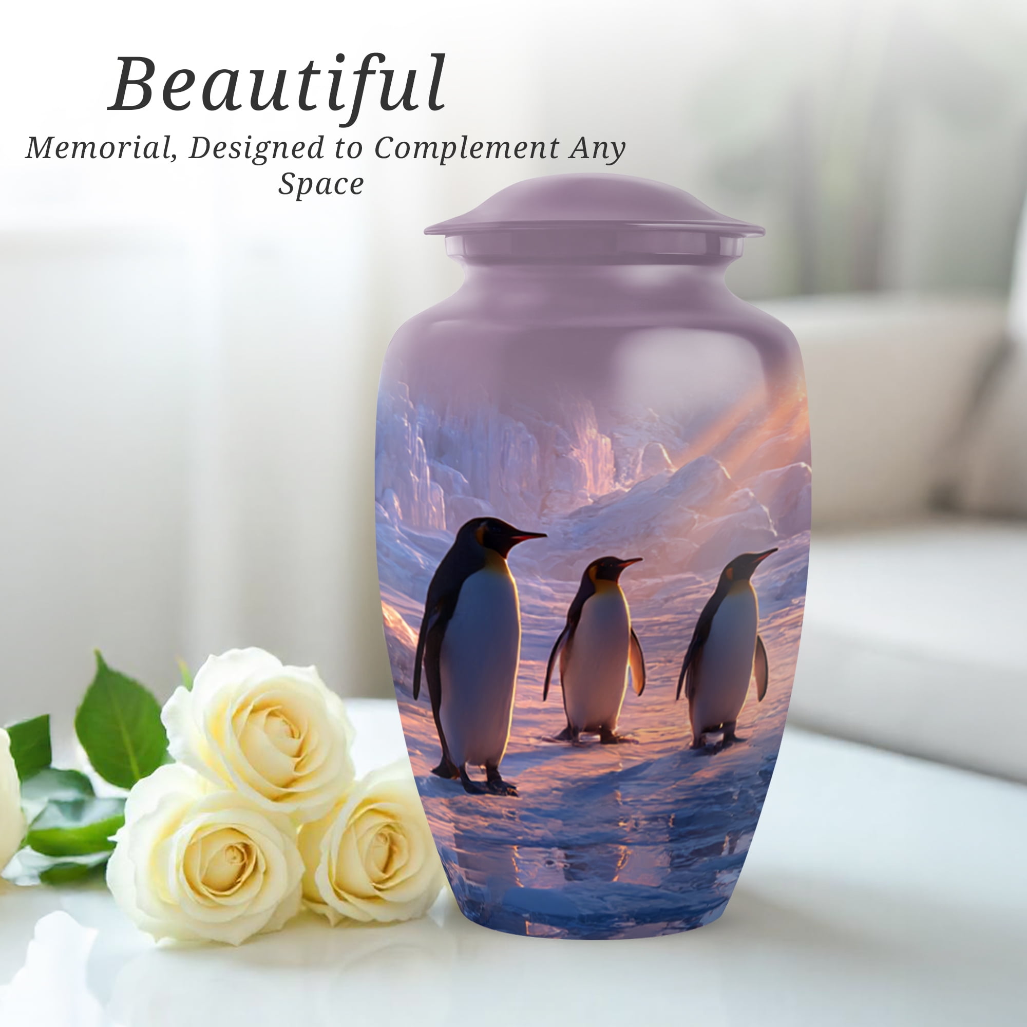 Penguins Large Decorative Urns For Men, Blue Urns For Men Ashes Adult Male, Memorial Cremation Urn For Human Ashes Adult Female, Funeral Urn For Mom And Dad, 10 Inch