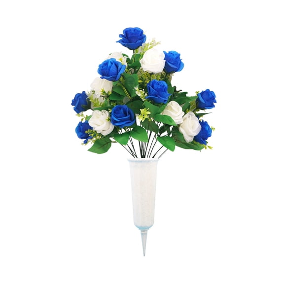 Artificial Rose Cemetery Flowers with Ground Stake Vase, Realistic Rose Bouquet Graveyard Memorial Flowers for Cemetery Headstones Decor