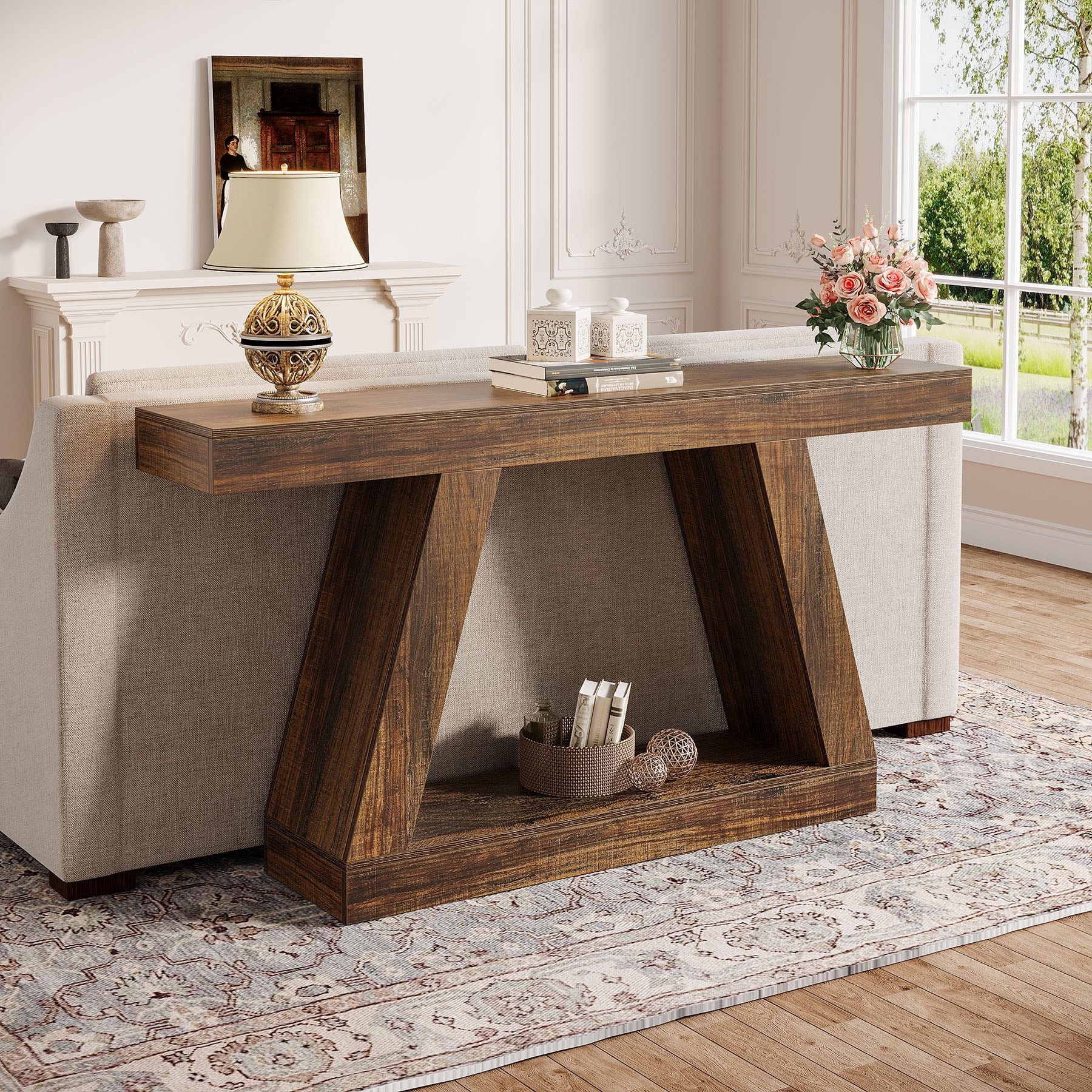 Finmind 55-Inch Farmhouse Console Table，2-Tier Wood Entryway Table for Hallway, Brown