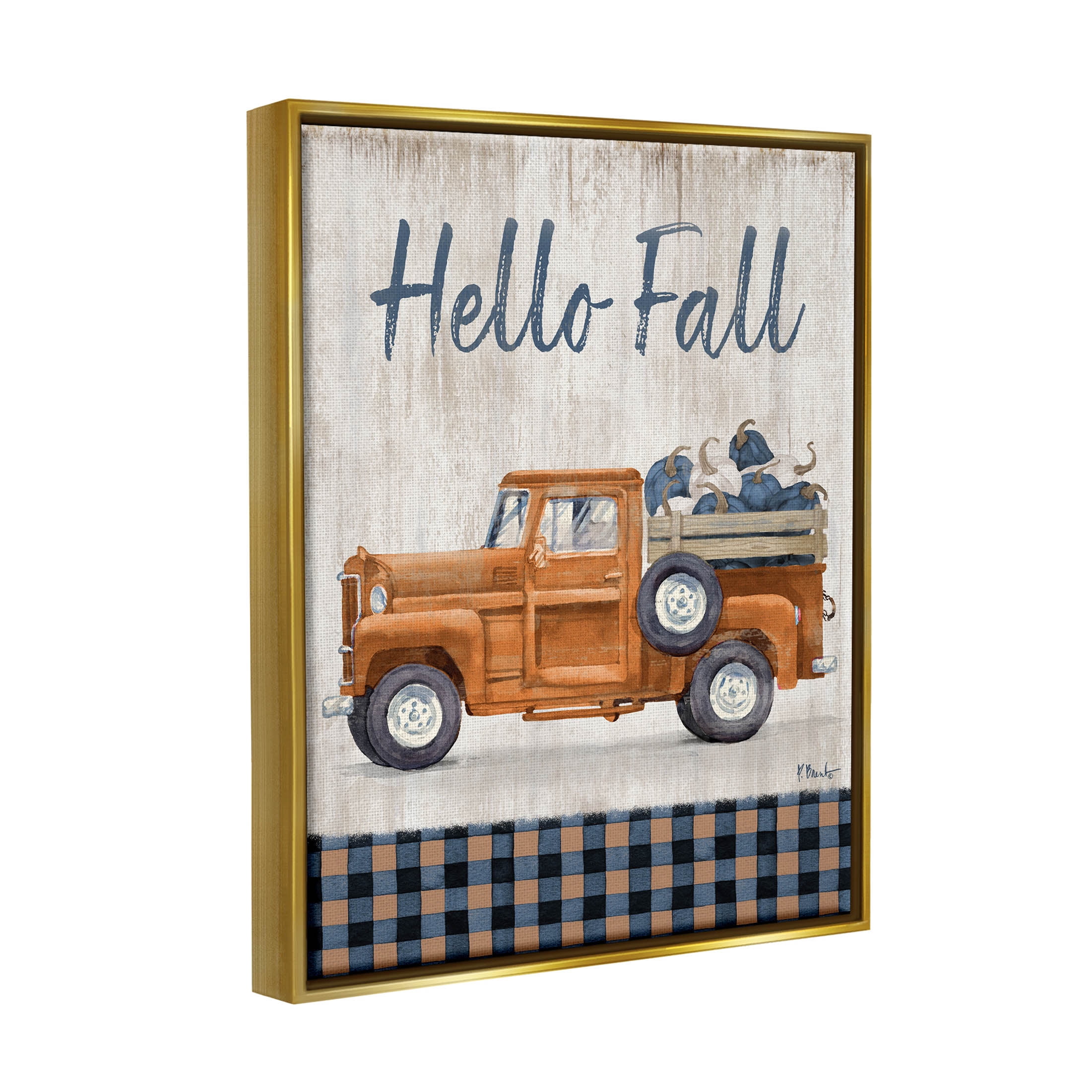 Stupell Industries Hello Fall Plaid Pumpkin Truck Graphic Art Metallic Gold Floating Framed Canvas Print Wall Art, Design by Paul Brent