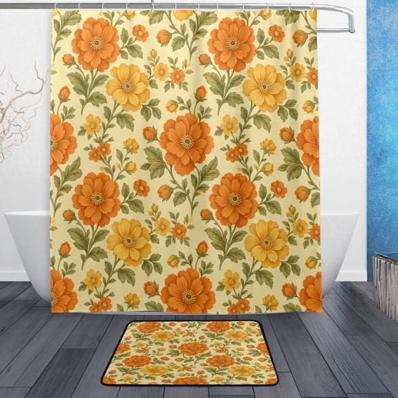 TTYFWHD 60" x 72" Shower Curtain and Bath Mat Set Vintage Orange Floral Graphic Waterproof Bathroom Curtain with 12 Hooks, Bathroom Decor Set
