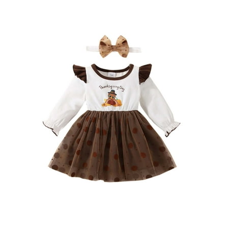 

Toddler Baby Thanksgiving Dresses for Girls Long Sleeve Dress and Headband for Thanksgiving Day
