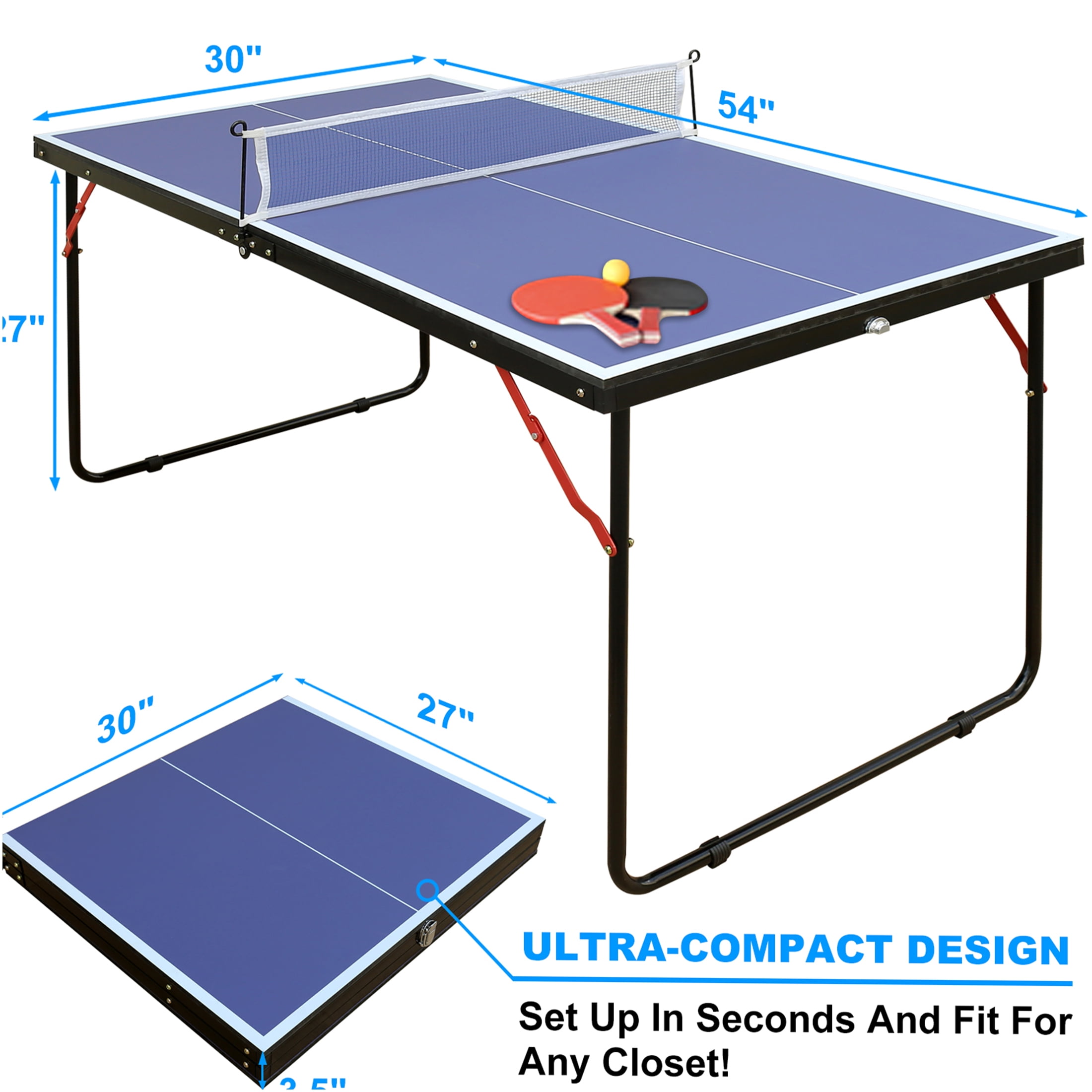 JERFIT 4.5ft Foldable Ping Pong Table Set with Net & Paddles, MDF Top for Indoor Outdoor Games, Blue
