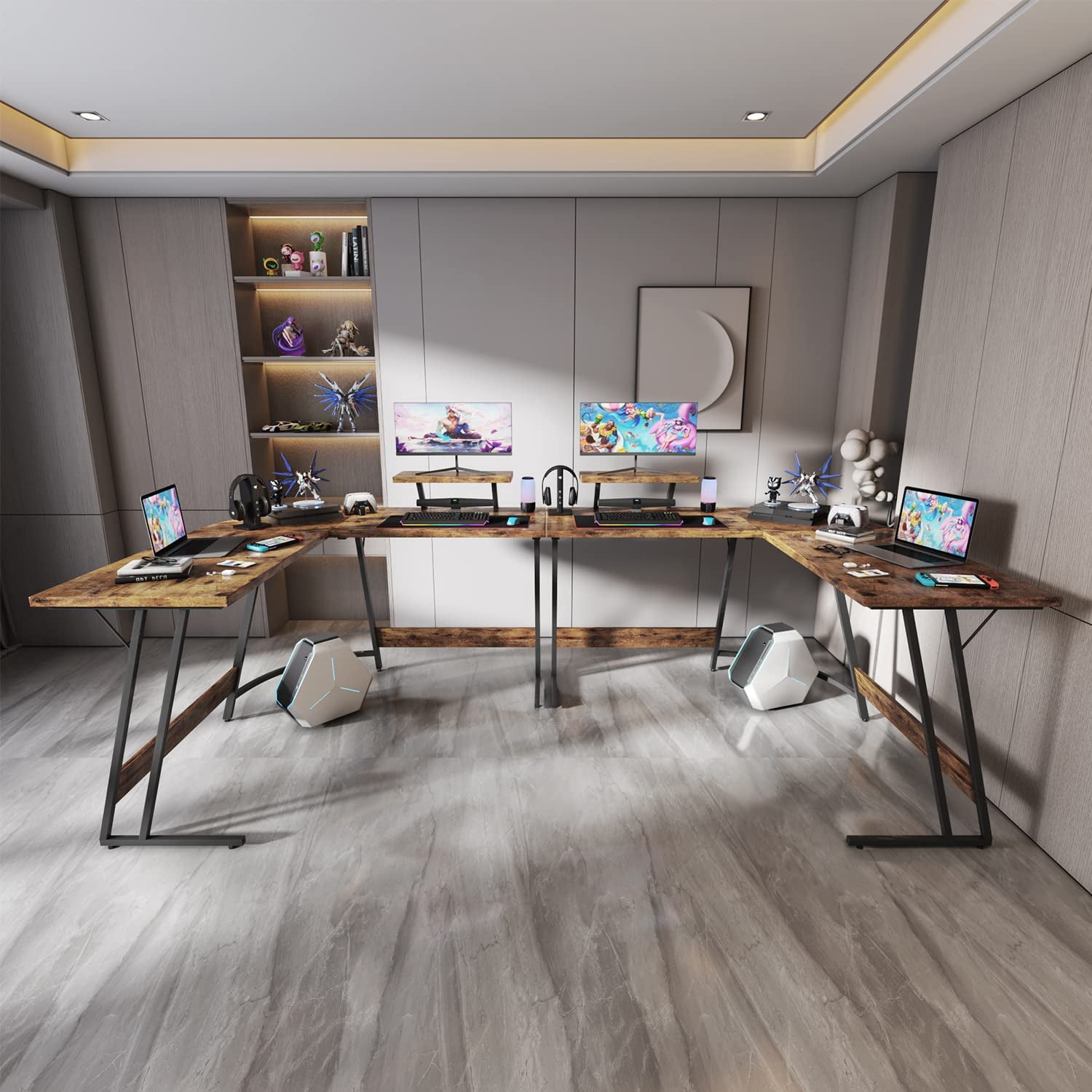 WBTER L Shaped Gaming Desk Computer Corner Desk PC Gaming Desk Table with Large Monitor Riser Stand for Home Office Sturdy Writing Workstation (Classical Brown, 51 Inch)