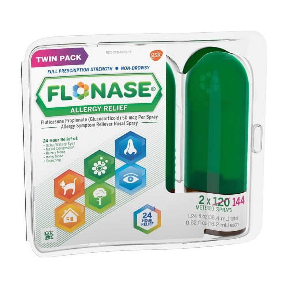 Flonase Allergy Relief Nasal Spray, 24 Hour Non Drowsy Allergy Medicine, Metered Nasal Spray - 144 Sprays (Pack of 2)