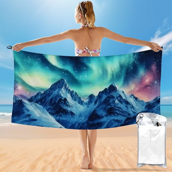 SHERONV Compact Beach Towel with Aurora Borealis Stars, Quick Drying for Beach Vacations and Outdoor Recreation, Ultra-Fine Fiber 27.5x55in Towel 55x27.5in