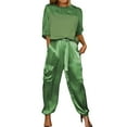 thumbnail image 2 of Pxiakgy suits for women Womens 2 Piece Outfits Dressy Pant Suits for A Wedding Casual Irregular Satin Wide Leg Pant Sets Green + 3XL, 2 of 4