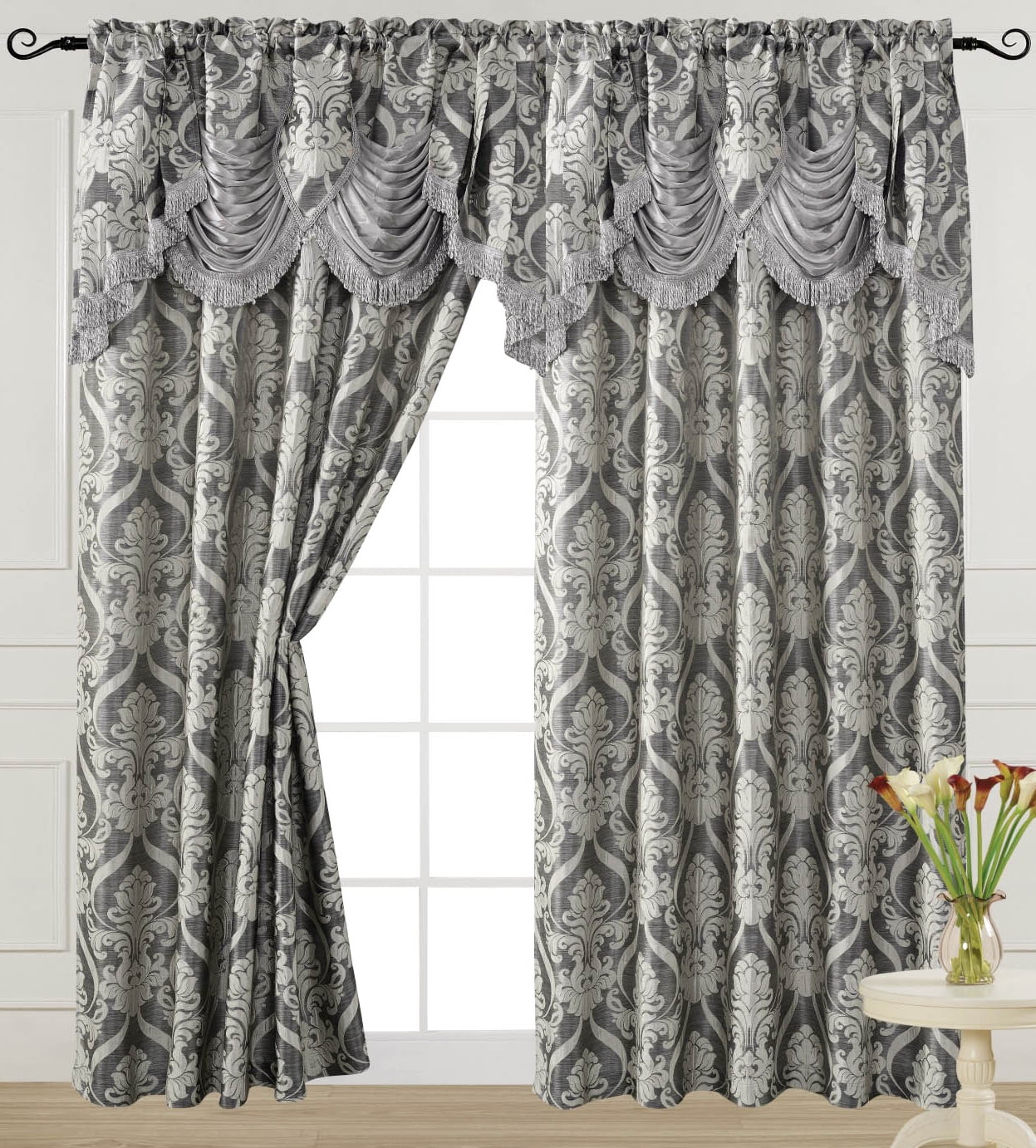 Luxury Jacquard Curtain Panel with Attached Waterfall Valance, 54 by 84