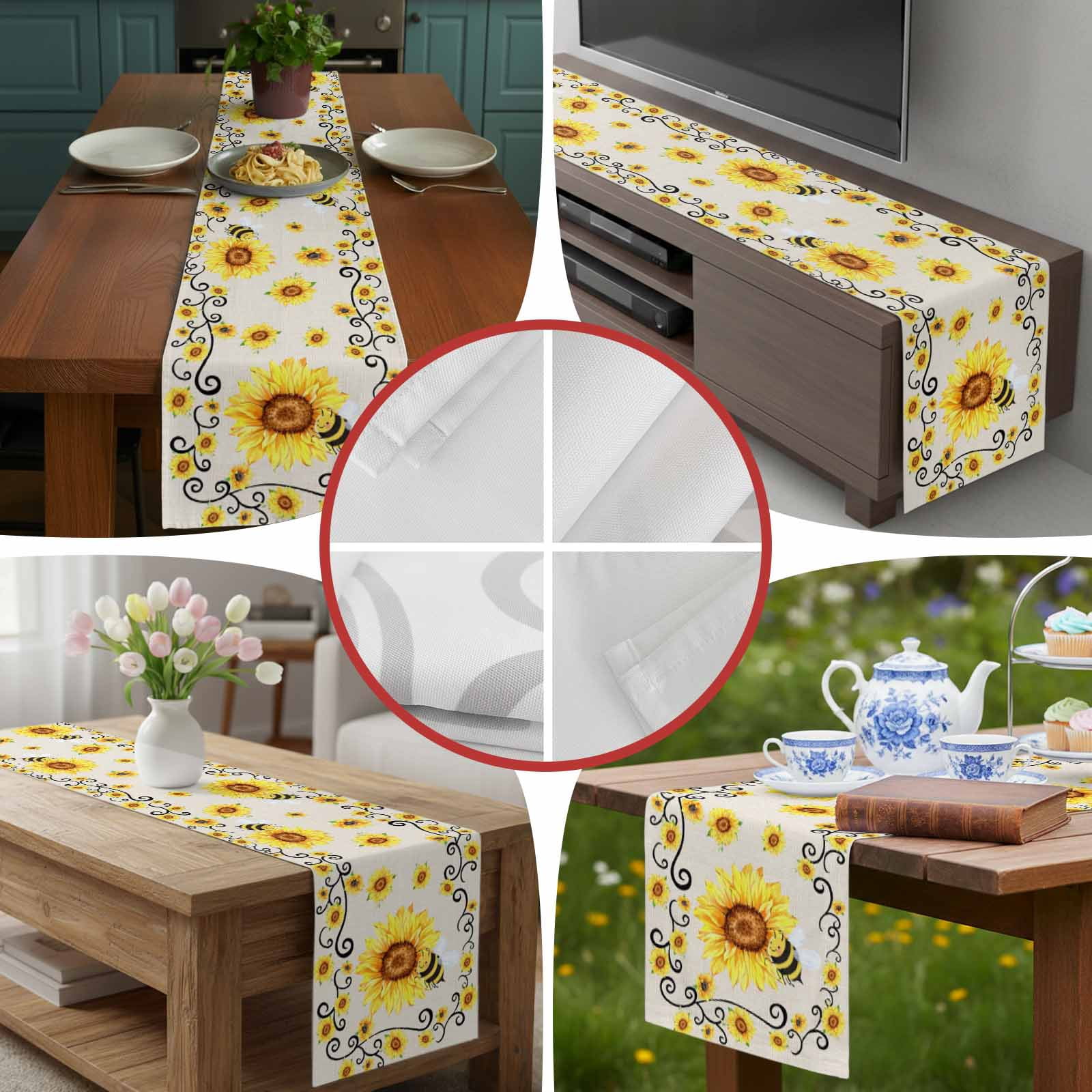 Sunflower Bees Burlap Cotton Table Runner 13x90 Inches Long, Spring Summer Farmhouse Floral Beige Burlap Farmhouse Table Runners, Outdoor Dining Tablecloths Decor for Baby Shower/Party/Wedding